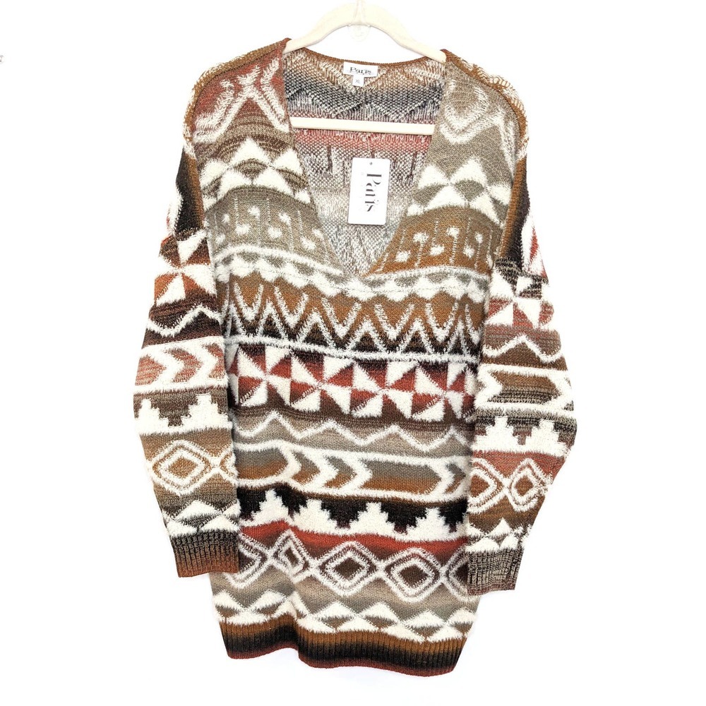 New Paris Hues Sweater Womens XL Aztec Boho Southwestern Fair Isle Cozy Comfy
